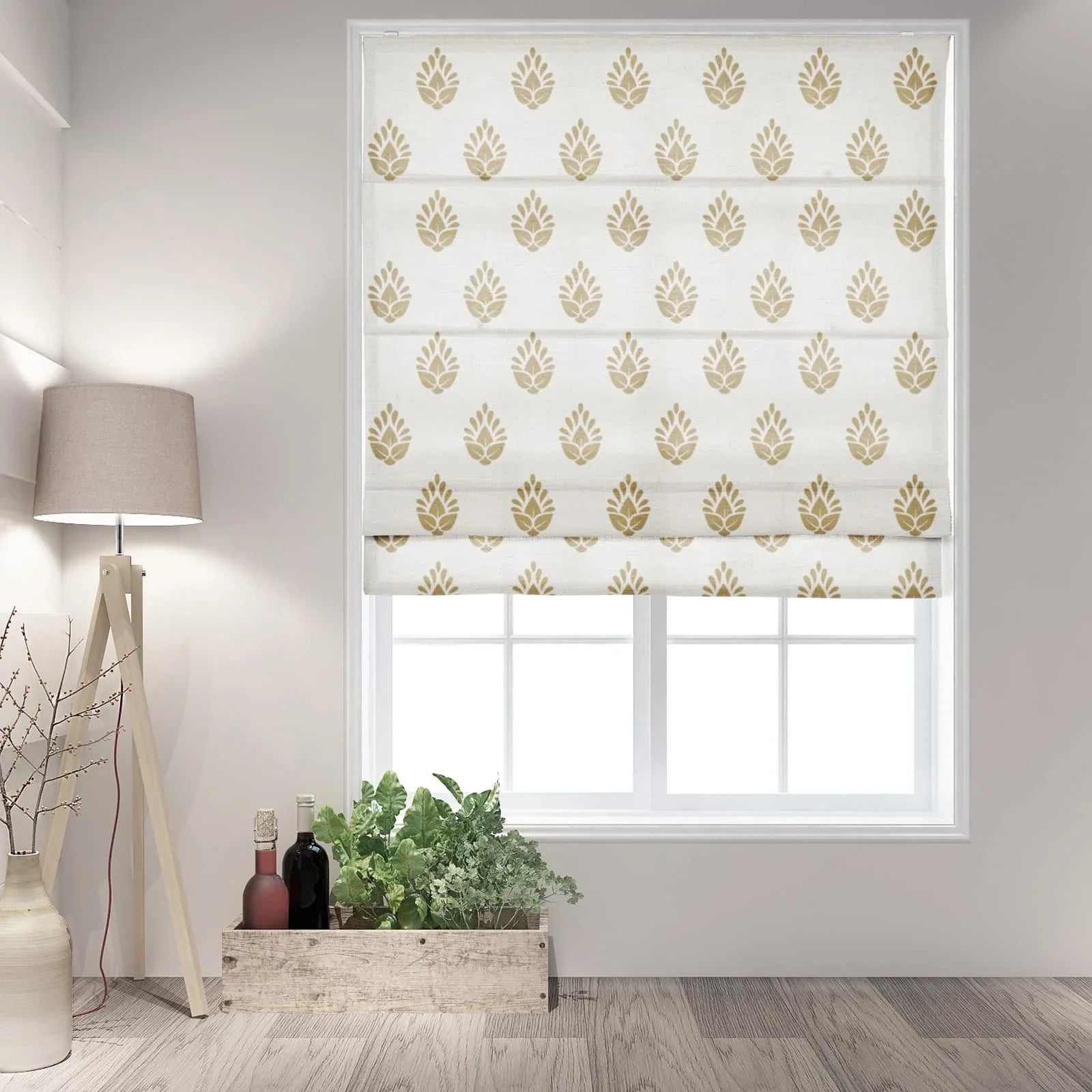 Stefana Silber Printed Cordless Roman Shade-Wooden Headrail