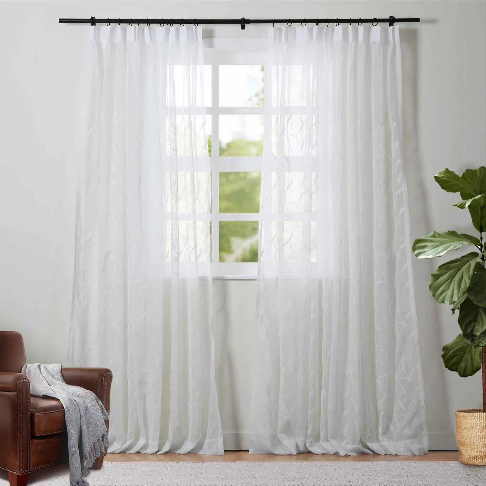 Florida Embossed White Semi Sheer Curtain Pleated